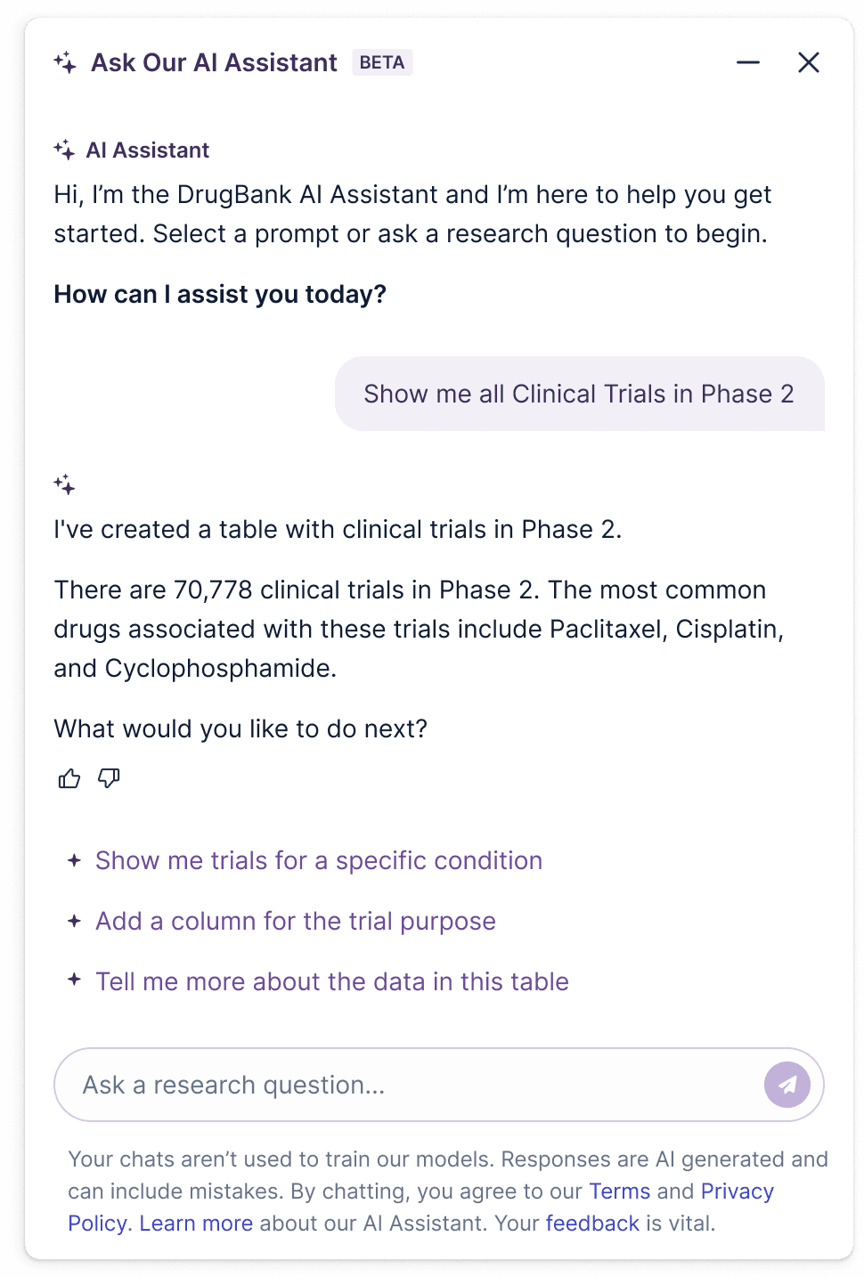 DrugBank AI Assistant chat panel