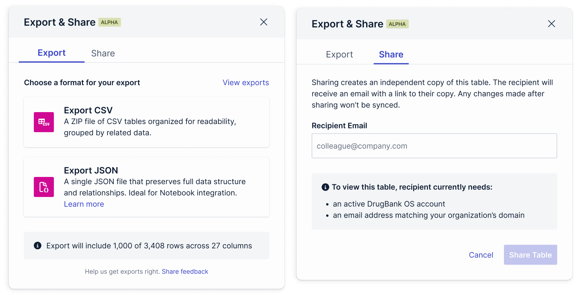 Export and Share modals