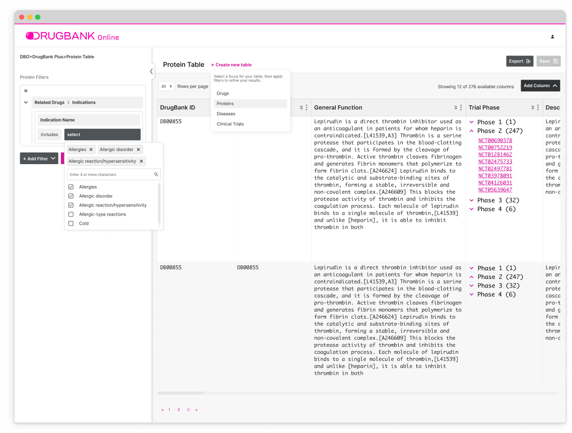 Greyscale DrugBank Online protein table prototype