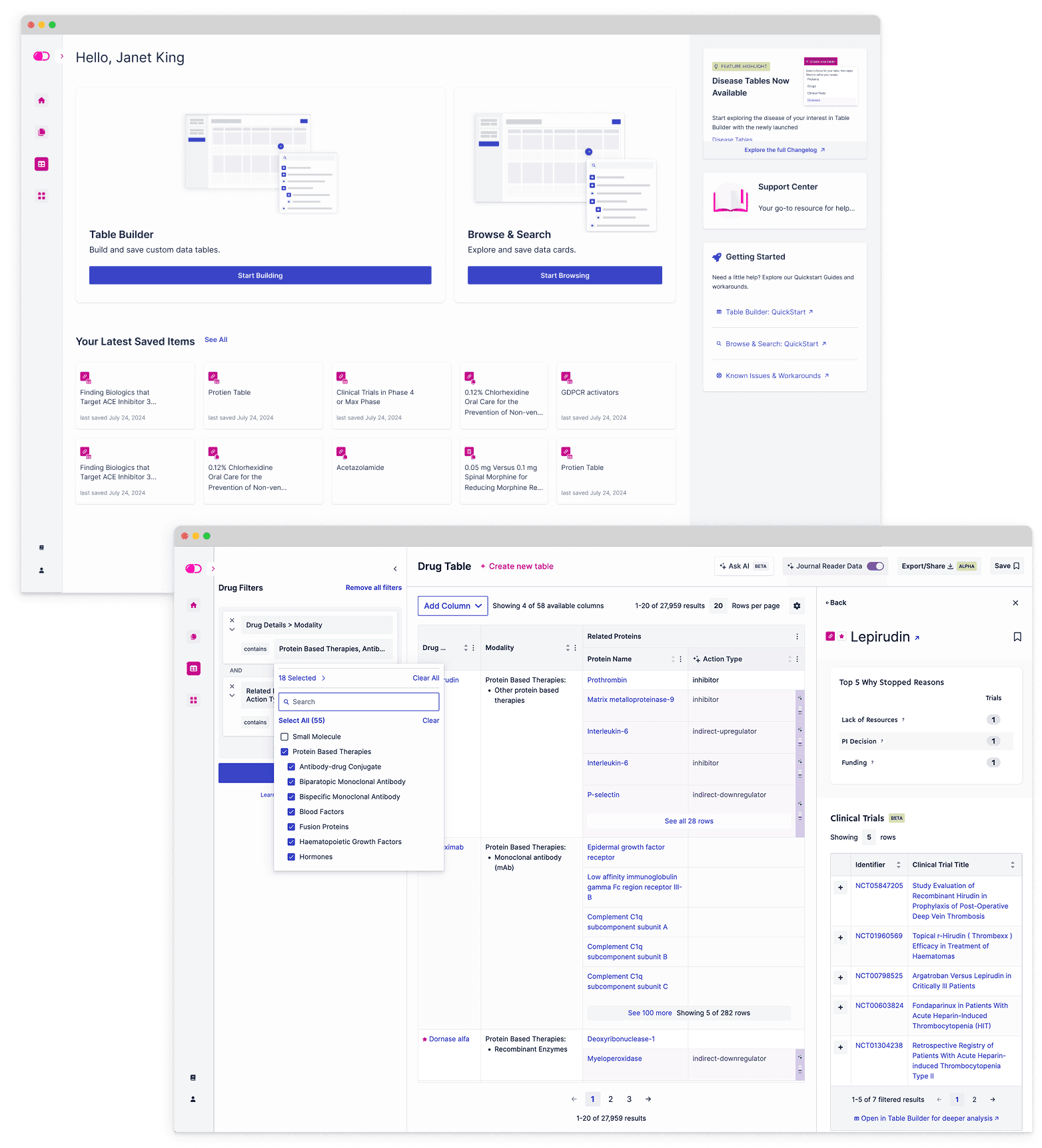DrugBank home screen and Drug Table with refined filters